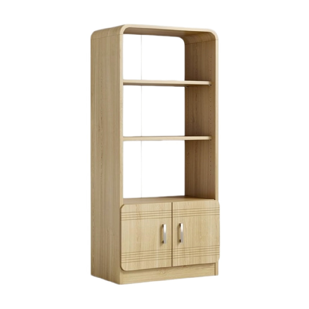 Moderne houten boekenkast met open planken en opbergruimte.